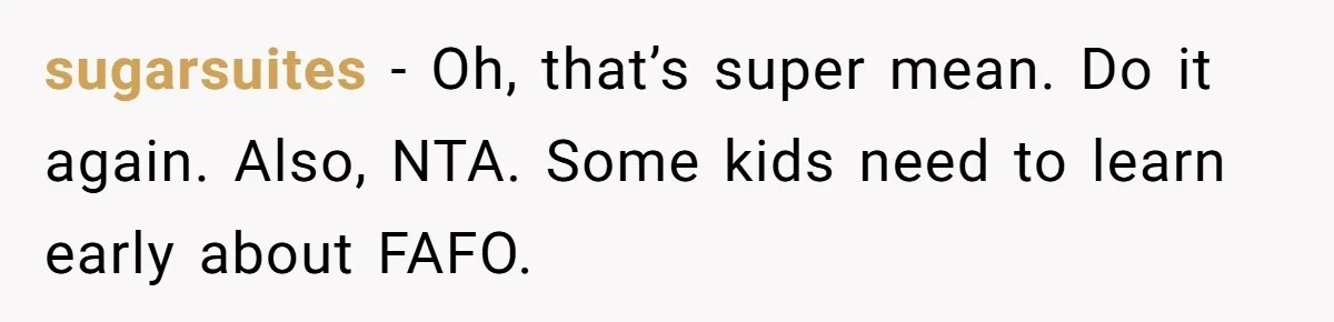 sugarsuites − Oh, that’s super mean. Do it again. Also, NTA. Some kids need to learn early about FAFO.