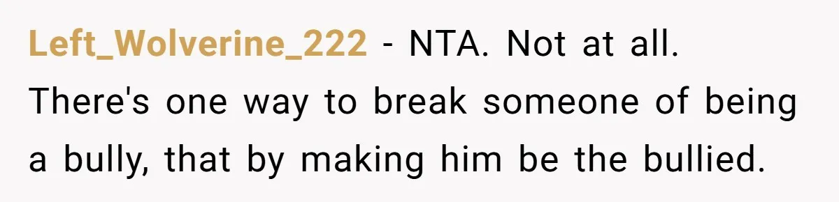Left_Wolverine_222 − NTA. Not at all. There's one way to break someone of being a bully, that by making him be the bullied.