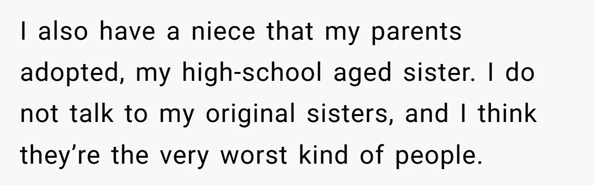 He Pretends He’s an Only Child, and No One Could Blame Him I also have a niece that my parents adopted, my high-school aged sister. I do not talk to my original sisters, and I think they’re the very worst kind of...