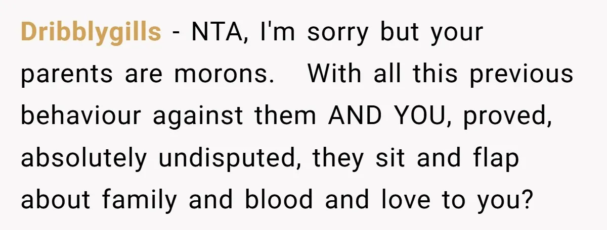 He Pretends He’s an Only Child, and No One Could Blame Him Dribblygills − NTA, I'm sorry but your parents are morons. With all this previous behaviour against them AND YOU, proved, absolutely undisputed, they sit and flap about family and blood...
