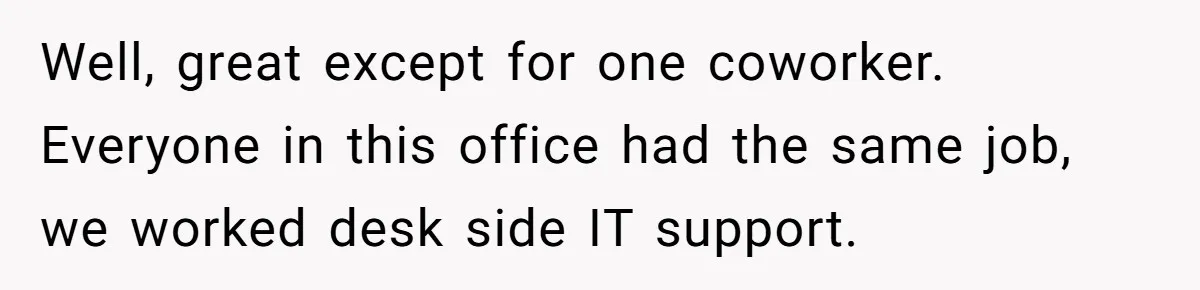 Well, great except for one coworker. Everyone in this office had the same job, we worked desk side IT support.