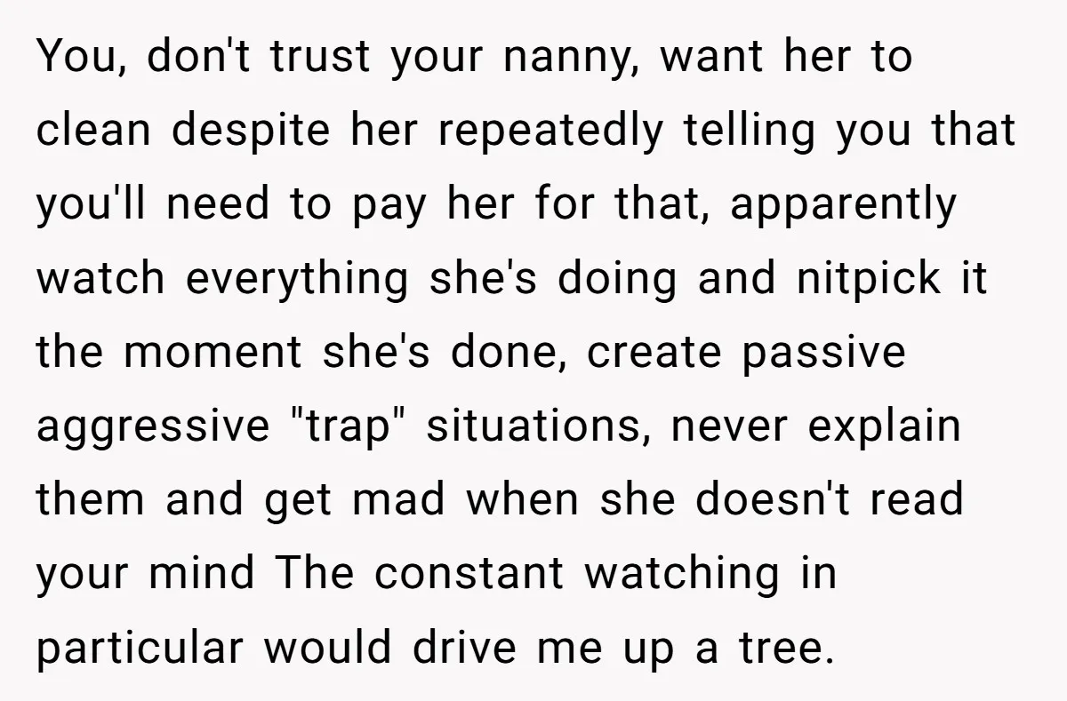 Nanny Resigns After Mom Criticizes Her For Leaving A Single Blueberry, Is She Wrong? You, don't trust your nanny, want her to clean despite her repeatedly telling you that you'll need to pay her for that, apparently watch everything she's doing and nitpick it...