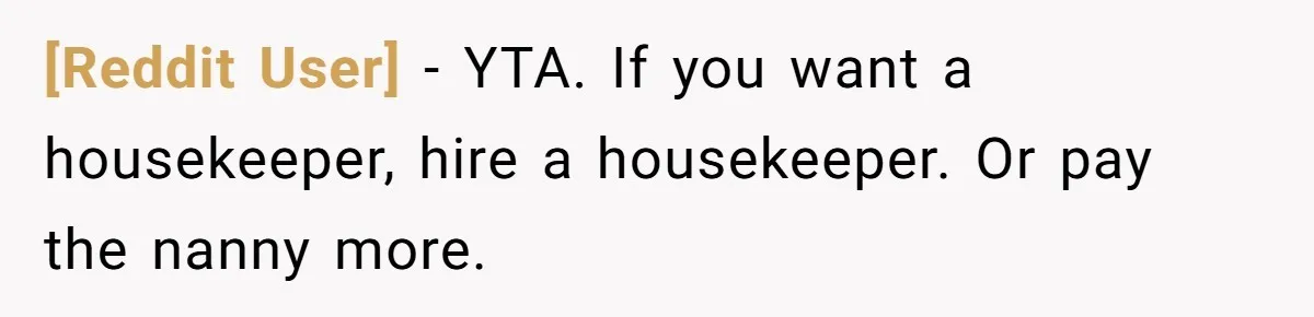 [Reddit User] − YTA. If you want a housekeeper, hire a housekeeper. Or pay the nanny more.