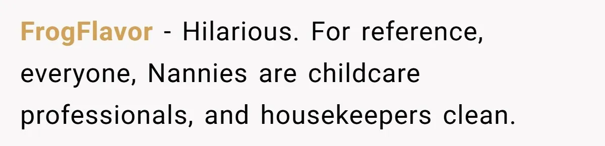 Nanny Resigns After Mom Criticizes Her For Leaving A Single Blueberry, Is She Wrong? FrogFlavor − Hilarious. For reference, everyone, Nannies are childcare professionals, and housekeepers clean.