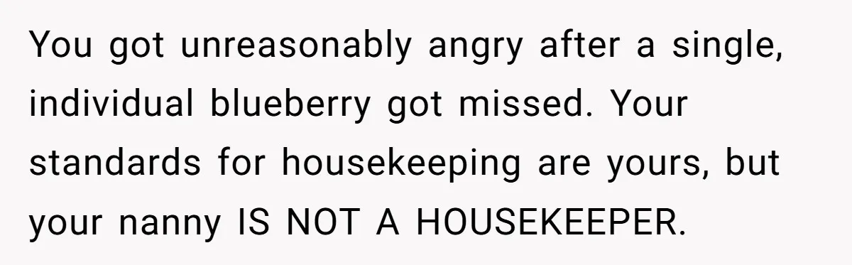 Nanny Resigns After Mom Criticizes Her For Leaving A Single Blueberry, Is She Wrong? You got unreasonably angry after a single, individual blueberry got missed. Your standards for housekeeping are yours, but your nanny IS NOT A HOUSEKEEPER.