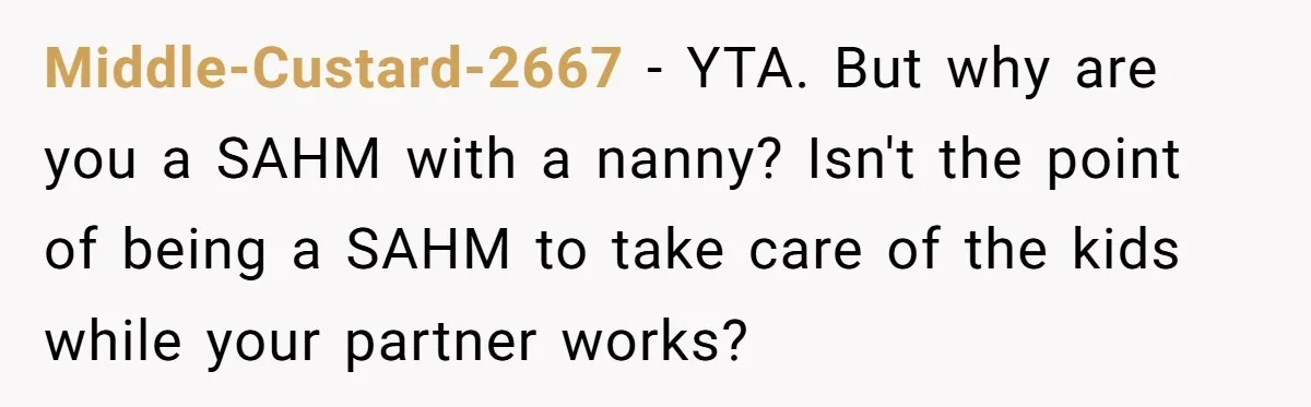 Nanny Resigns After Mom Criticizes Her For Leaving A Single Blueberry, Is She Wrong? Middle-Custard-2667 − YTA. But why are you a SAHM with a nanny? Isn't the point of being a SAHM to take care of the kids while your partner works?