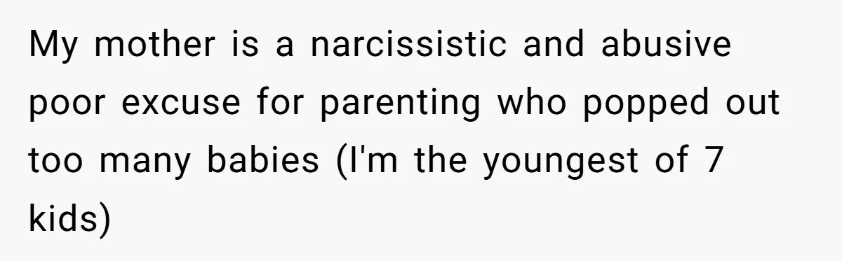 My mother is a narcissistic and abusive poor excuse for parenting who popped out too many babies (I'm the youngest of 7 kids)
