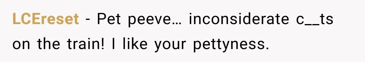 LCEreset − Pet peeve… inconsiderate c__ts on the train! I like your pettyness.