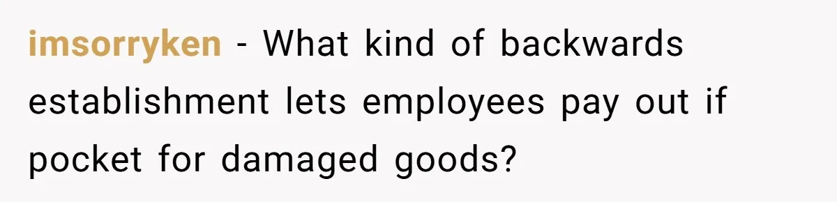 imsorryken − What kind of backwards establishment lets employees pay out if pocket for damaged goods?