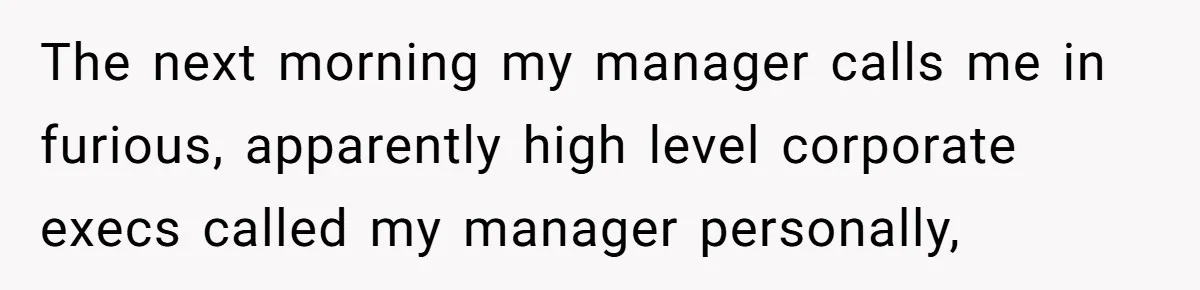 The next morning my manager calls me in furious, apparently high level corporate execs called my manager personally,