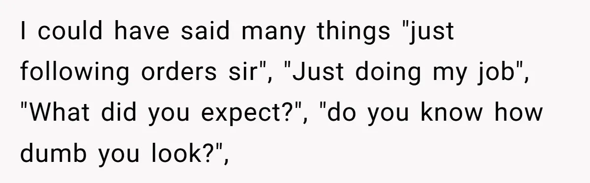 I could have said many things "just following orders sir", "Just doing my job", "What did you expect?", "do you know how dumb you look?",