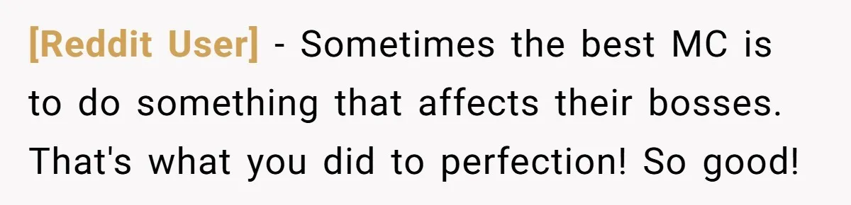 [Reddit User] − Sometimes the best MC is to do something that affects their bosses. That's what you did to perfection! So good!