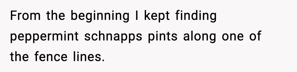 From the beginning I kept finding peppermint schnapps pints along one of the fence lines.