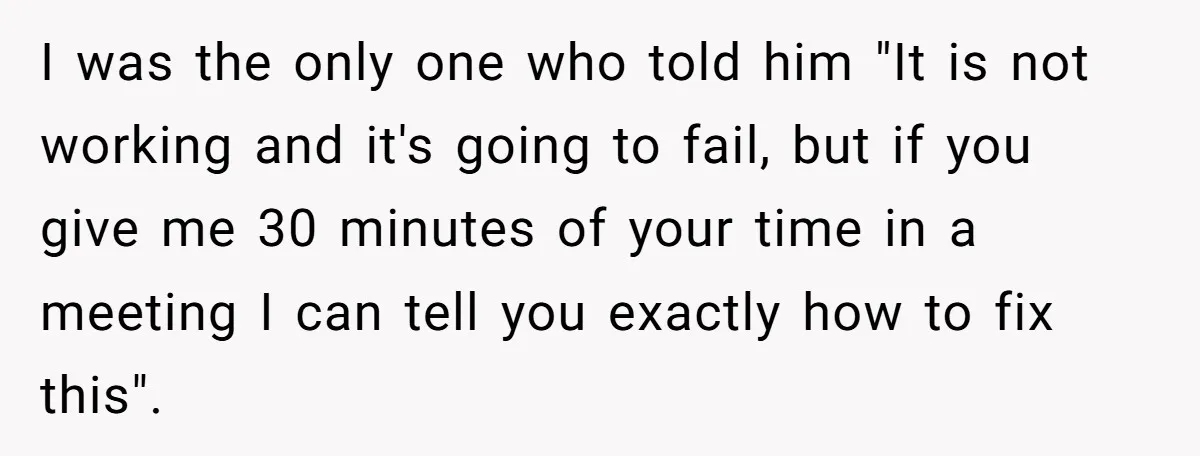 I was the only one who told him "It is not working and it's going to fail, but if you give me 30 minutes of your time in a meeting...