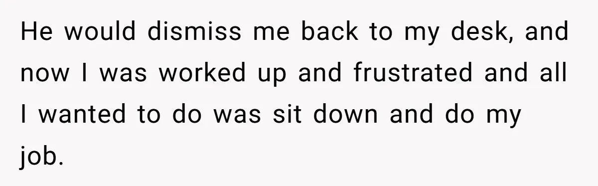 He would dismiss me back to my desk, and now I was worked up and frustrated and all I wanted to do was sit down and do my job.