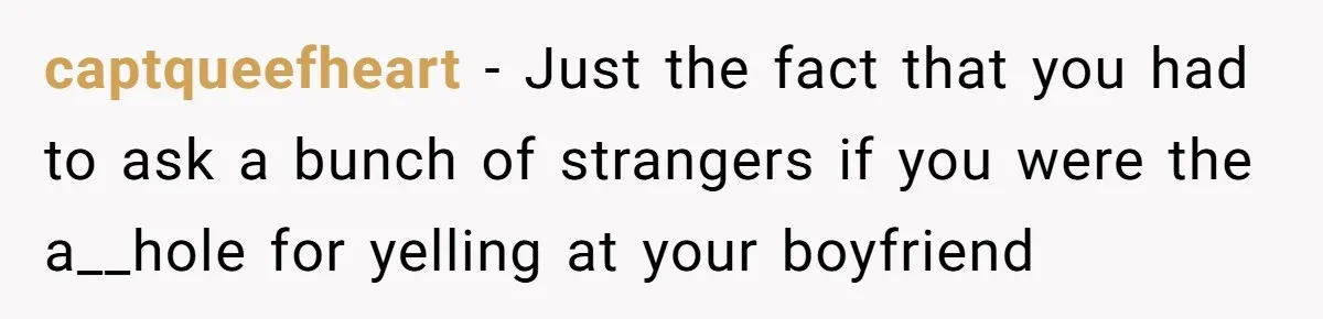 captqueefheart − Just the fact that you had to ask a bunch of strangers if you were the a__hole for yelling at your boyfriend