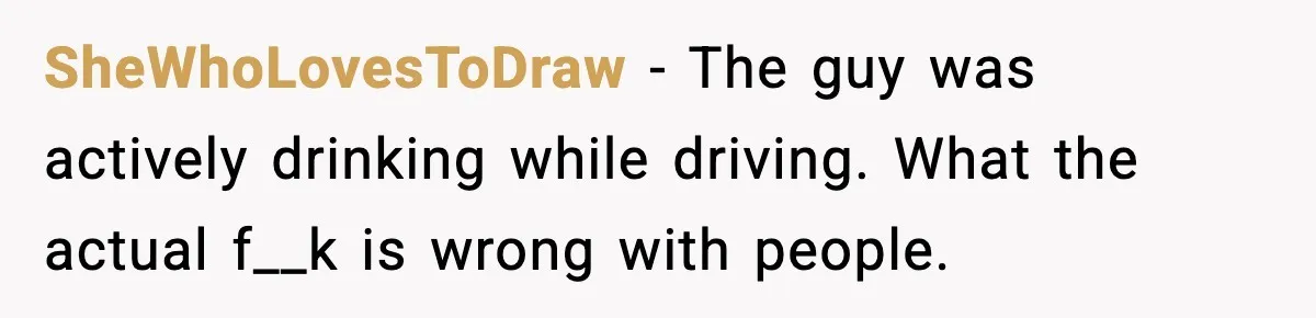 SheWhoLovesToDraw - The guy was actively drinking while driving. What the actual f__k is wrong with people.