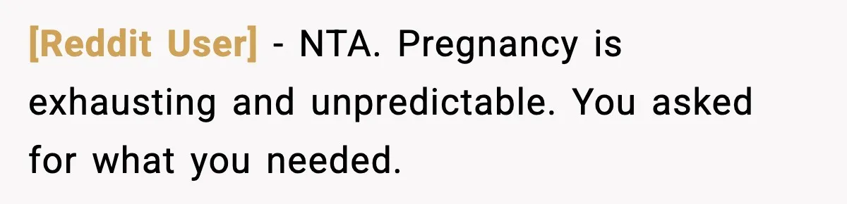 [Reddit User] - NTA. Pregnancy is exhausting and unpredictable. You asked for what you needed.