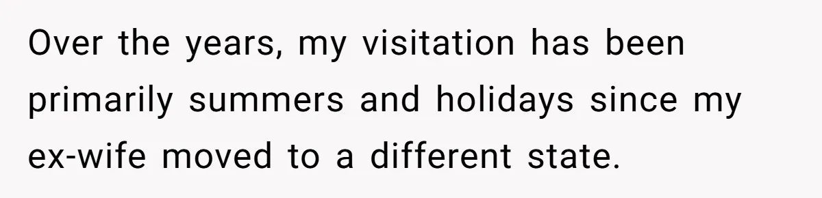Over the years, my visitation has been primarily summers and holidays since my ex-wife moved to a different state.