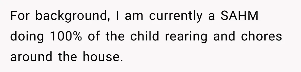 For background, I am currently a SAHM doing 100% of the child rearing and chores around the house.