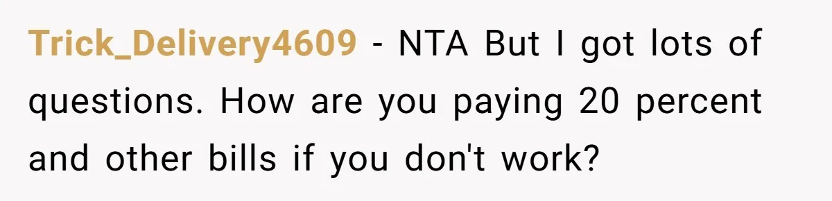 Trick_Delivery4609 − NTA But I got lots of questions. How are you paying 20 percent and other bills if you don't work?