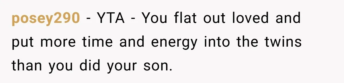 posey290 − YTA - You flat out loved and put more time and energy into the twins than you did your son.