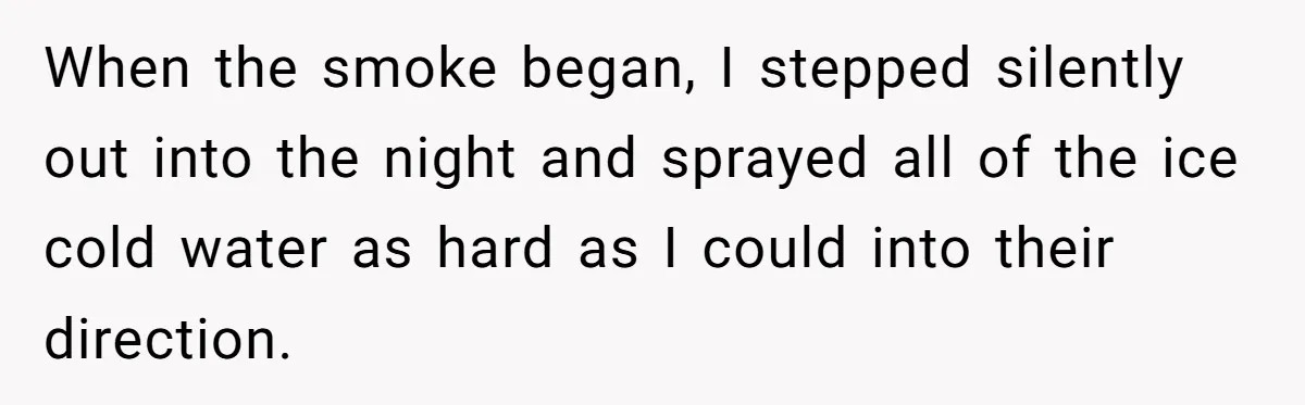 When the smoke began, I stepped silently out into the night and sprayed all of the ice cold water as hard as I could into their direction.