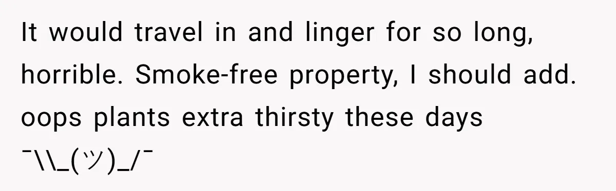 It would travel in and linger for so long, horrible. Smoke-free property, I should add. oops plants extra thirsty these days ¯\\_(ツ)_/¯