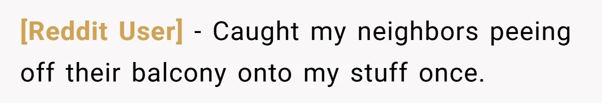 [Reddit User] − Caught my neighbors peeing off their balcony onto my stuff once.