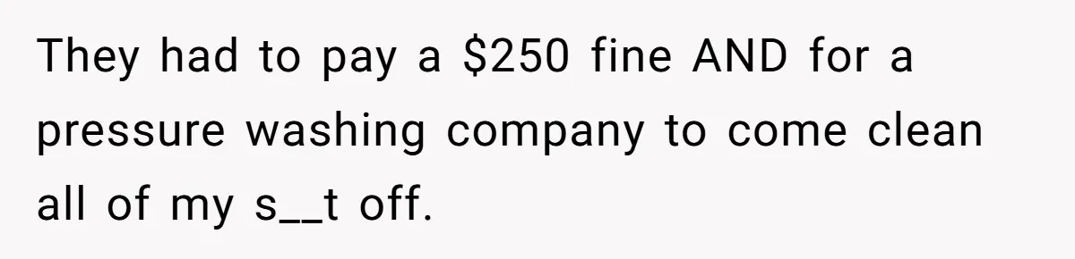 They had to pay a $250 fine AND for a pressure washing company to come clean all of my s__t off.