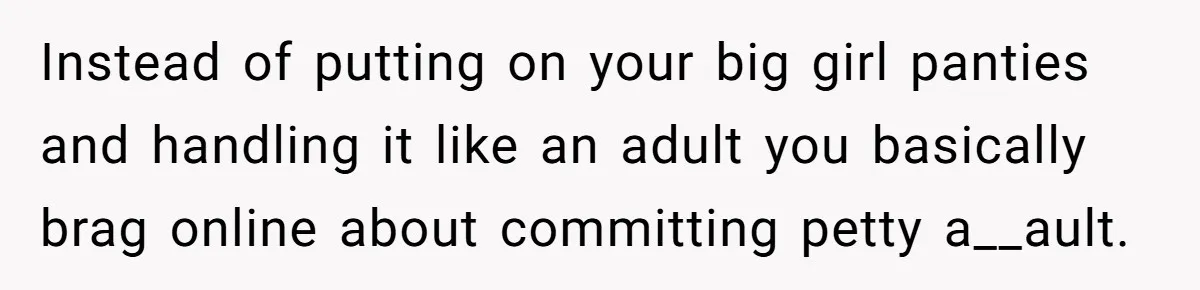 Instead of putting on your big girl panties and handling it like an adult you basically brag online about committing petty a__ault.