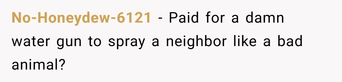 No-Honeydew-6121 − Paid for a damn water gun to spray a neighbor like a bad animal?