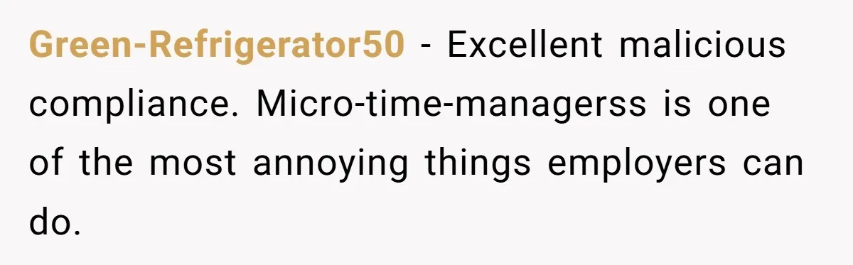Green-Refrigerator50 − Excellent malicious compliance. Micro-time-managerss is one of the most annoying things employers can do.