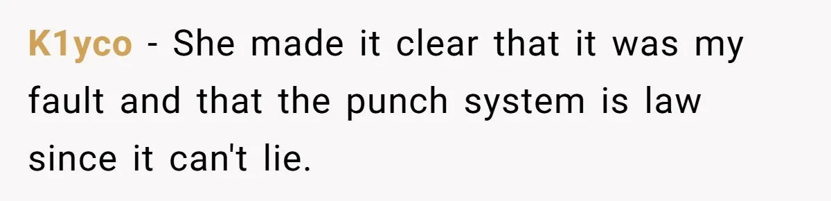 K1yco − She made it clear that it was my fault and that the punch system is law since it can't lie.