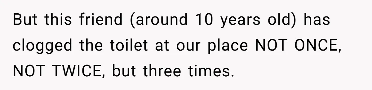 But this friend (around 10 years old) has clogged the toilet at our place NOT ONCE, NOT TWICE, but three times.