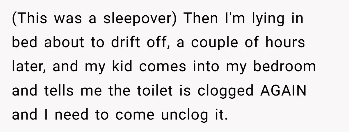 (This was a sleepover) Then I'm lying in bed about to drift off, a couple of hours later, and my kid comes into my bedroom and tells me the toilet...