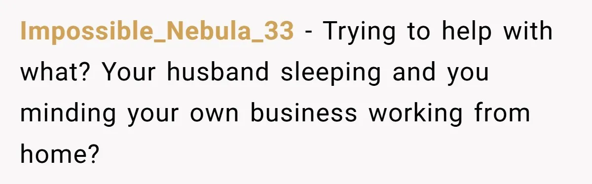 Impossible_Nebula_33 − Trying to help with what? Your husband sleeping and you minding your own business working from home?