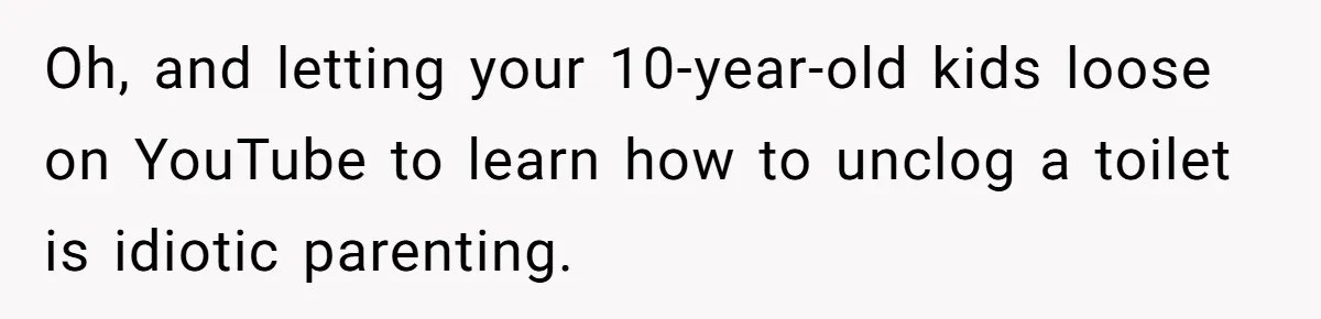 Oh, and letting your 10-year-old kids loose on YouTube to learn how to unclog a toilet is idiotic parenting.