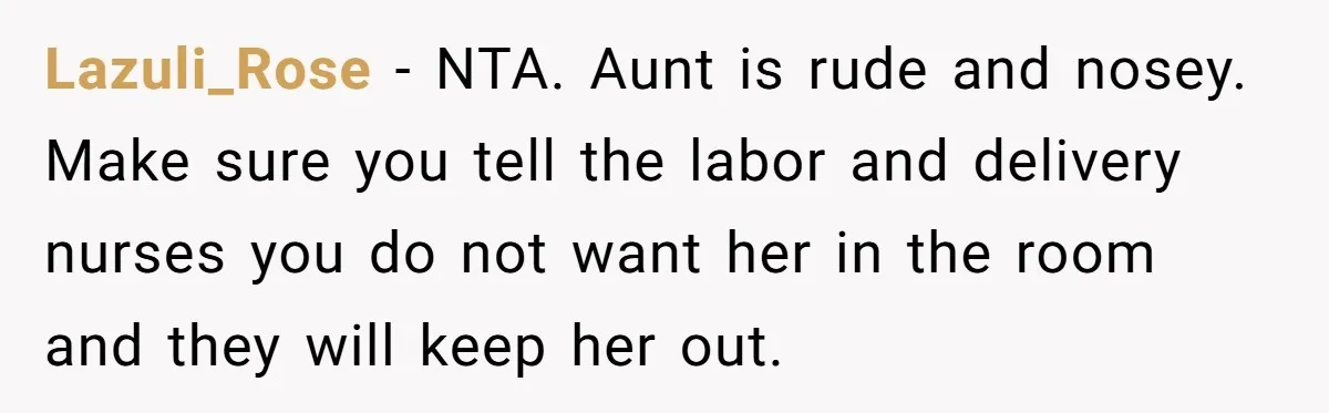 Lazuli_Rose − NTA. Aunt is rude and nosey. Make sure you tell the labor and delivery nurses you do not want her in the room and they will keep her...