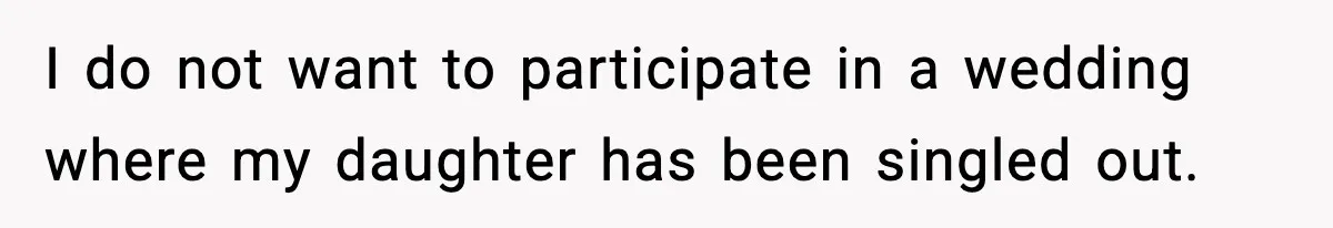 I do not want to participate in a wedding where my daughter has been singled out.