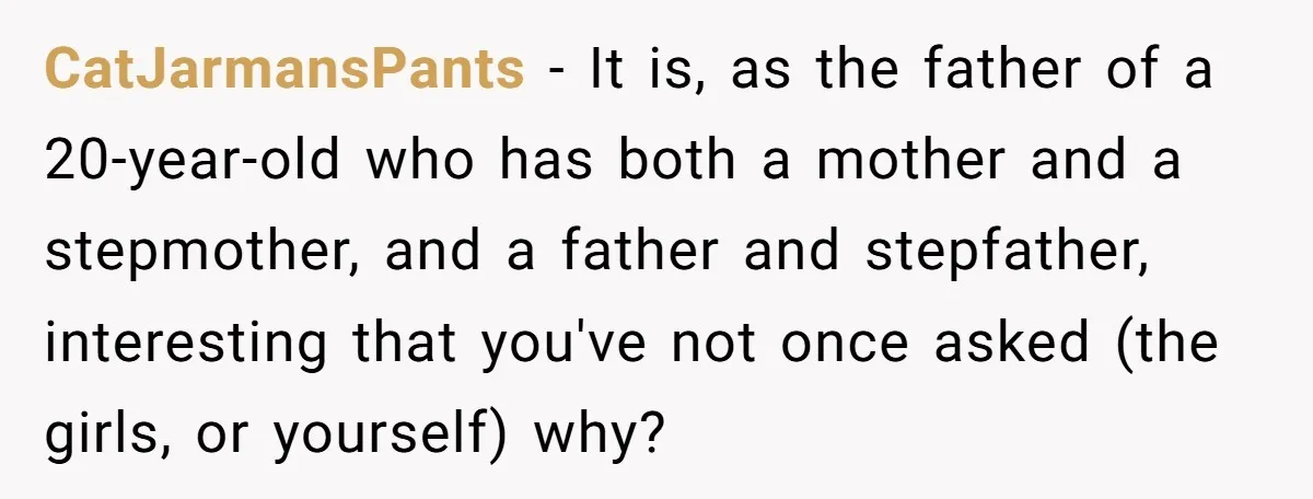 CatJarmansPants − It is, as the father of a 20-year-old who has both a mother and a stepmother, and a father and stepfather, interesting that you've not once asked (the...