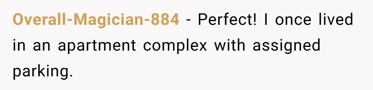 Overall-Magician-884 − Perfect! I once lived in an apartment complex with assigned parking.