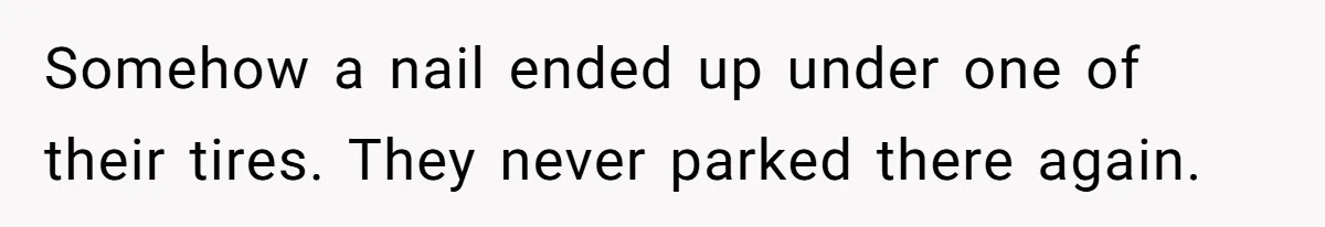 Somehow a nail ended up under one of their tires. They never parked there again.