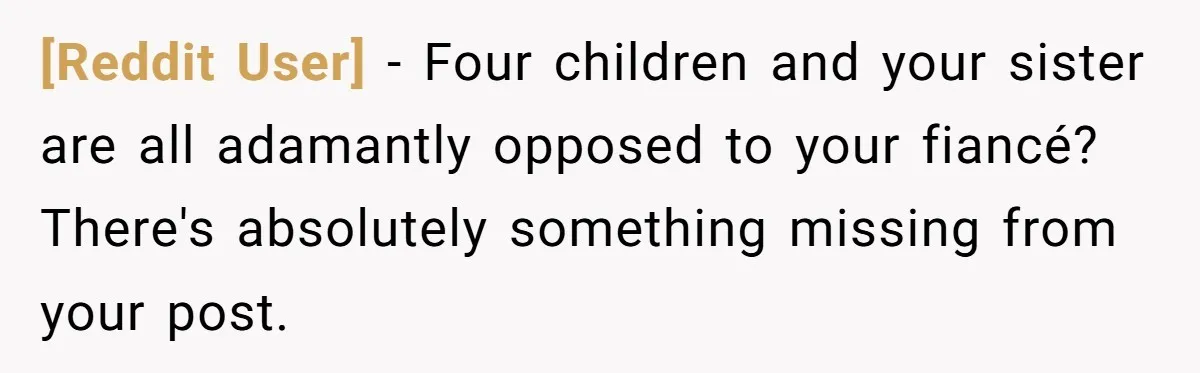 [Reddit User] − Four children and your sister are all adamantly opposed to your fiancé? There's absolutely something missing from your post.