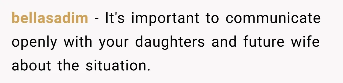 bellasadim − It's important to communicate openly with your daughters and future wife about the situation.