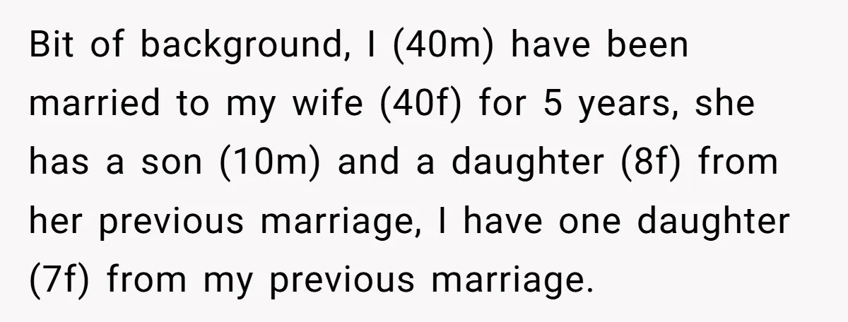 Bit of background, I (40m) have been married to my wife (40f) for 5 years, she has a son (10m) and a daughter (8f) from her previous marriage, I have...