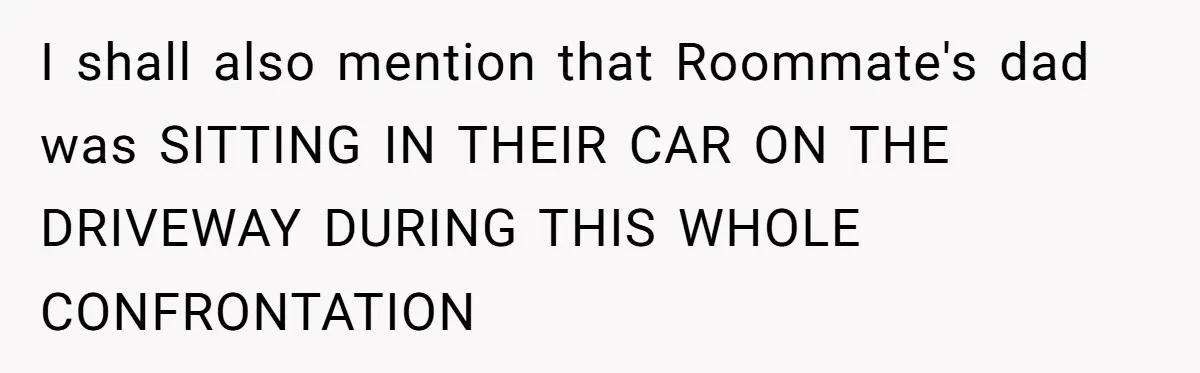 I shall also mention that Roommate's dad was SITTING IN THEIR CAR ON THE DRIVEWAY DURING THIS WHOLE CONFRONTATION