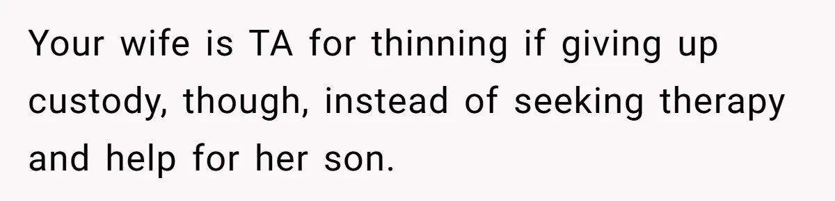 Your wife is TA for thinning if giving up custody, though, instead of seeking therapy and help for her son.