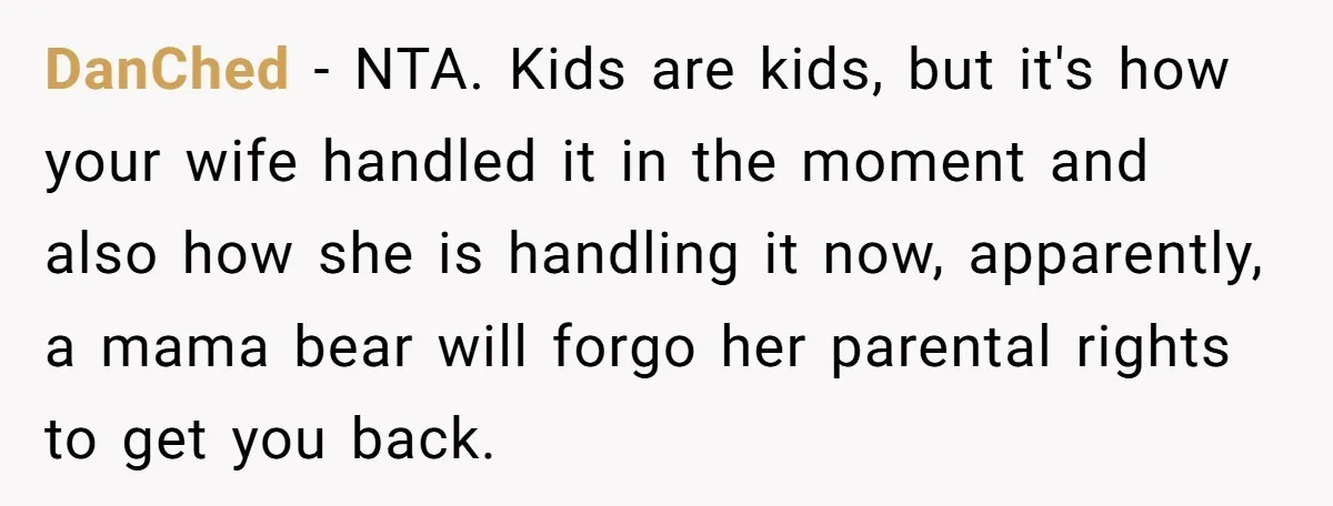 DanChed − NTA. Kids are kids, but it's how your wife handled it in the moment and also how she is handling it now, apparently, a mama bear will forgo...