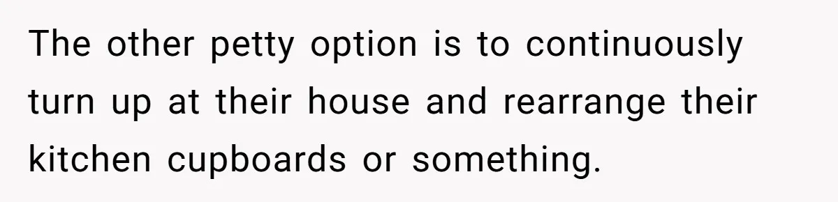 The other petty option is to continuously turn up at their house and rearrange their kitchen cupboards or something.